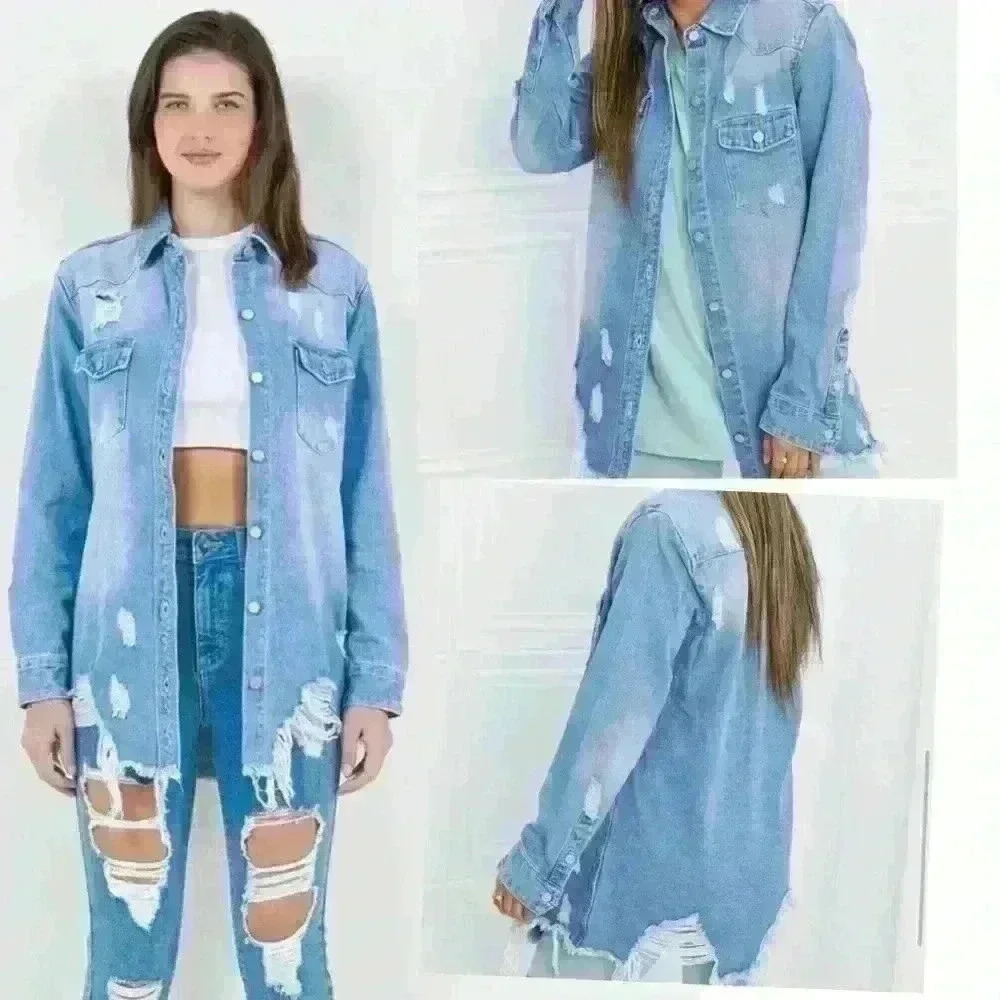 American Bazi Raw Hem Distressed  Long Sleeve Denim Jacket Shacked size S